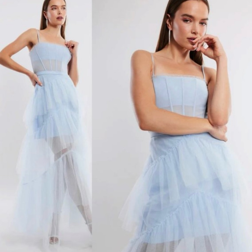 Brand New Dress! BCBGMaxAzria Light Blue Oly Tiered Ruffle Tulle Evening Gown